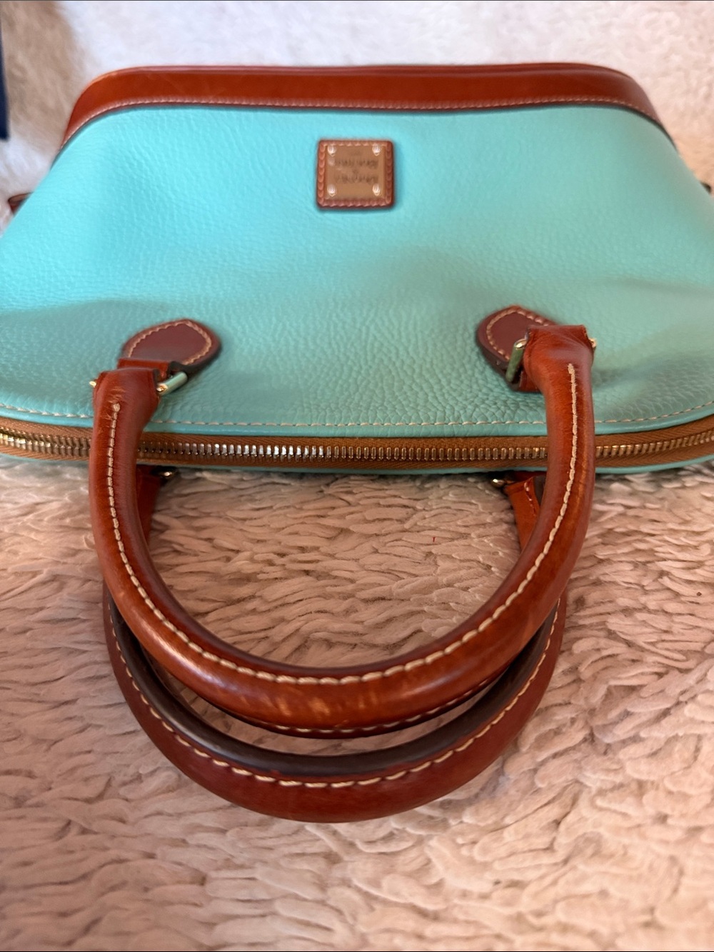 Dooney & Bourke Aqua Pebble Leather Satchel with Brown Trim and Handles - Picture 10 of 13